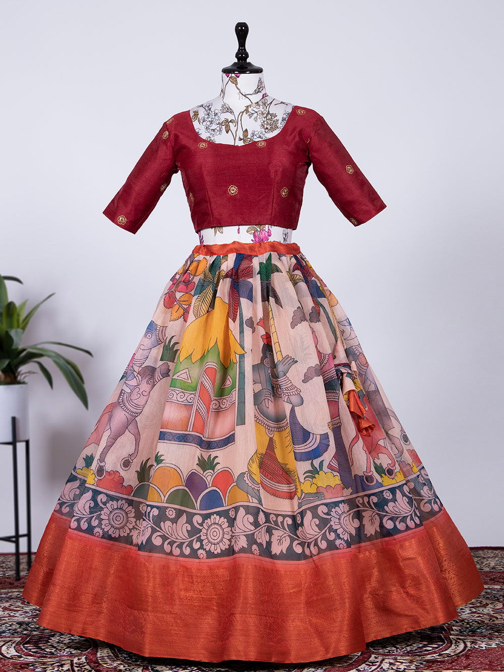 Red Color Digital Printed Soft Cotton Half Saree Set Lehenga