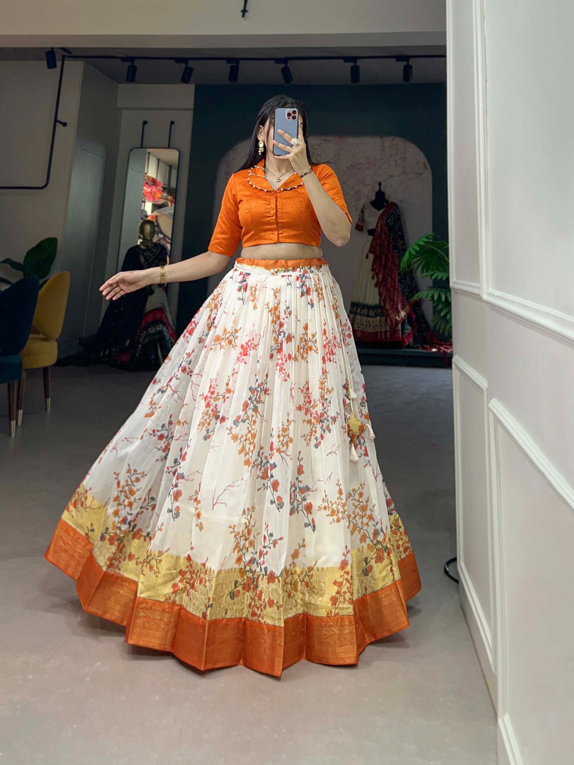 Soft Cotton Orange Floral Print Lehenga Co-ord Set
