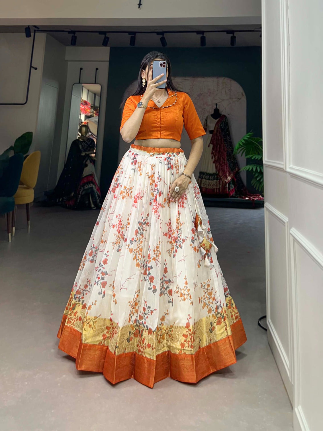 Soft Cotton Orange Floral Print Lehenga Co-ord Set