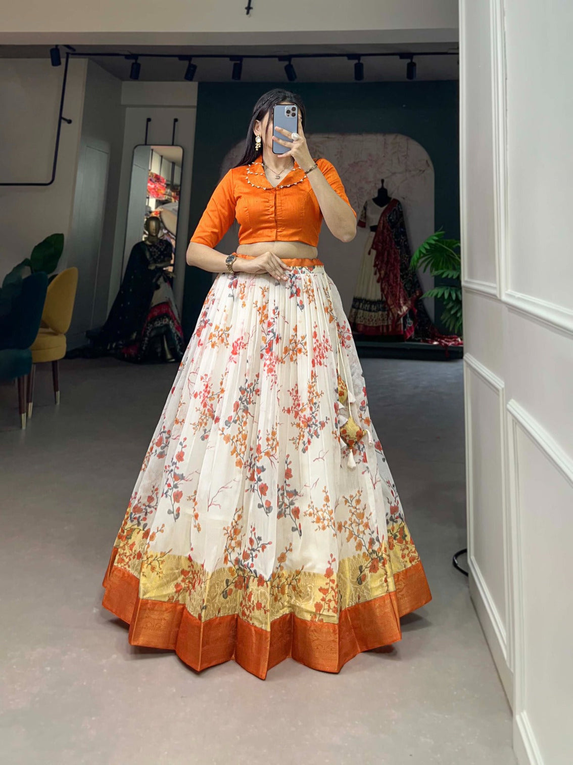 Soft Cotton Orange Floral Print Lehenga Co-ord Set