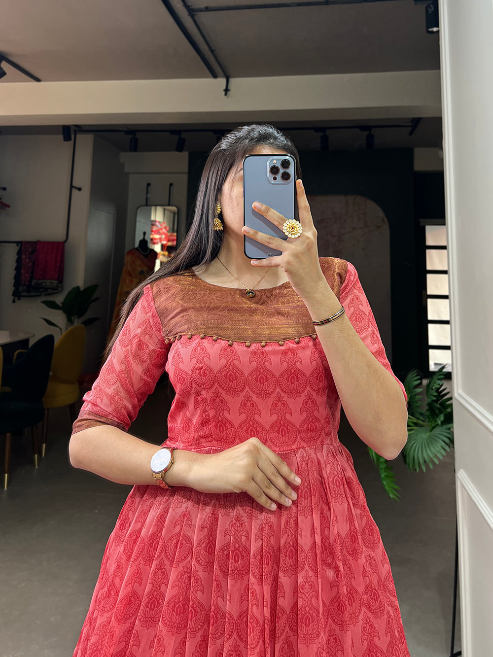 Salmon Color Print With Zari Patta  Soft Cotton Dress