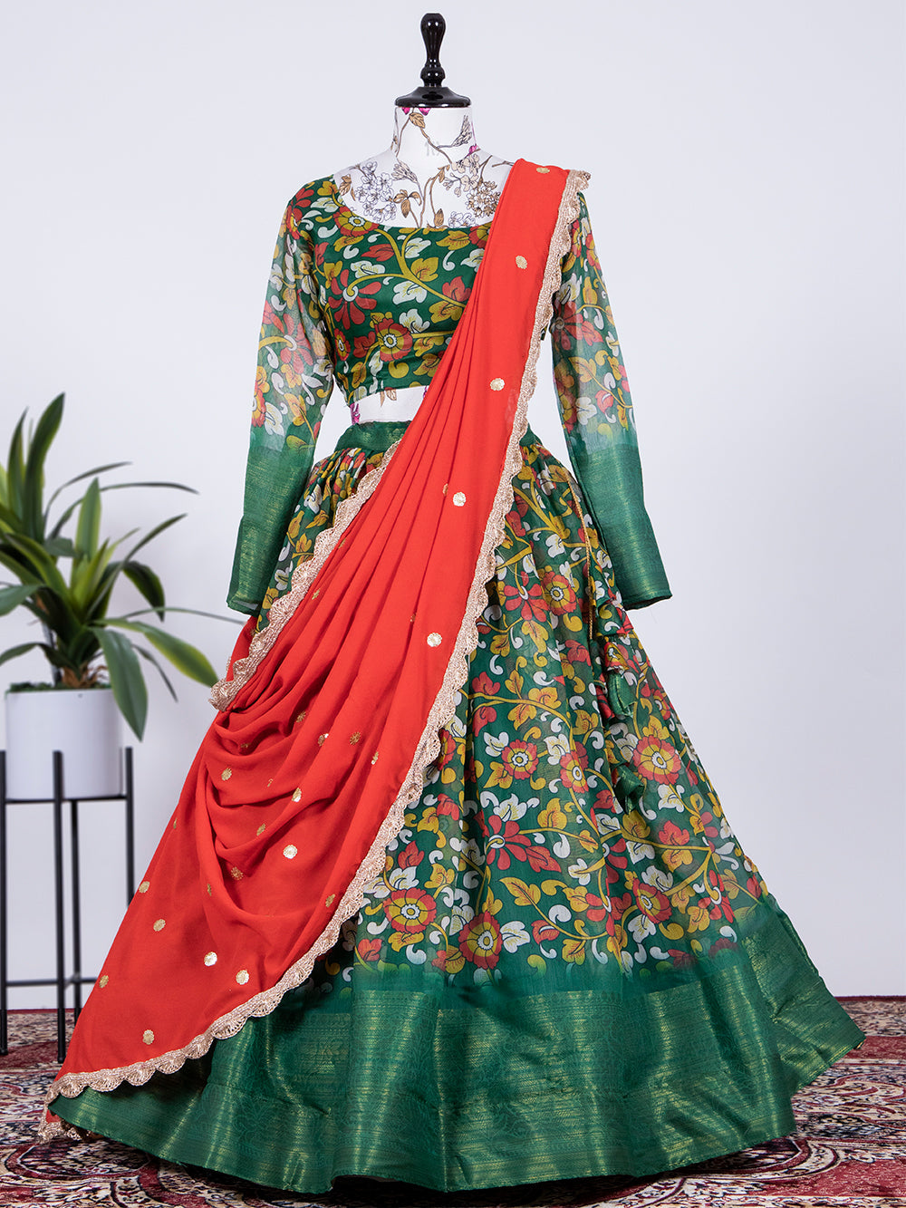 Green Color Printed Soft Cotton Half Saree Set