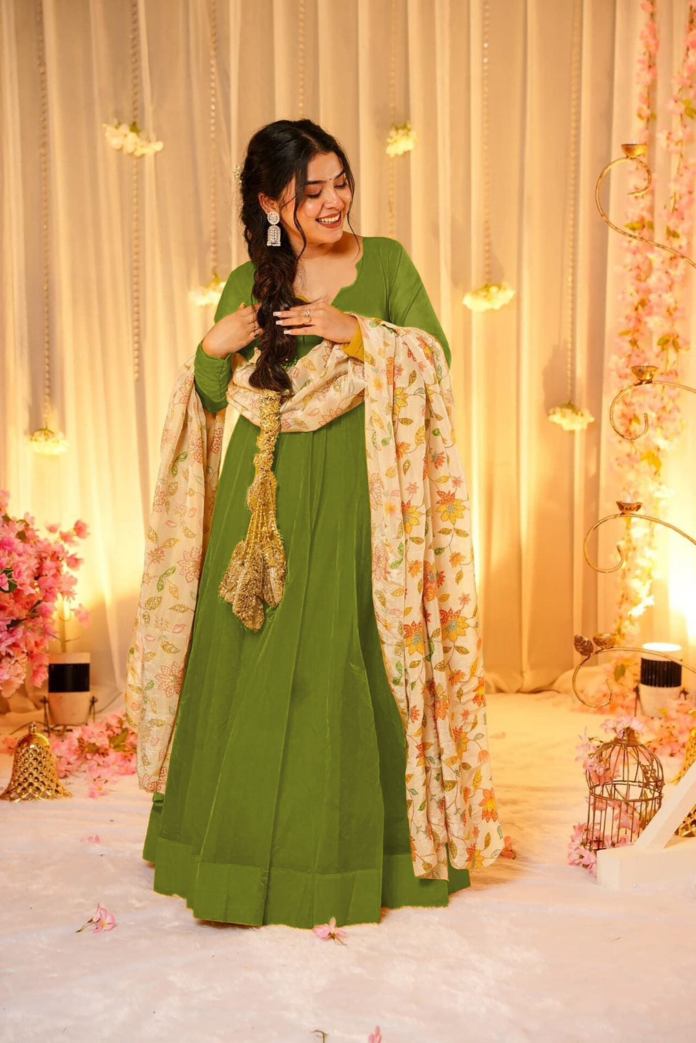 Soft Dyed Silk Floral Print Anarkali Gown with Dupatta