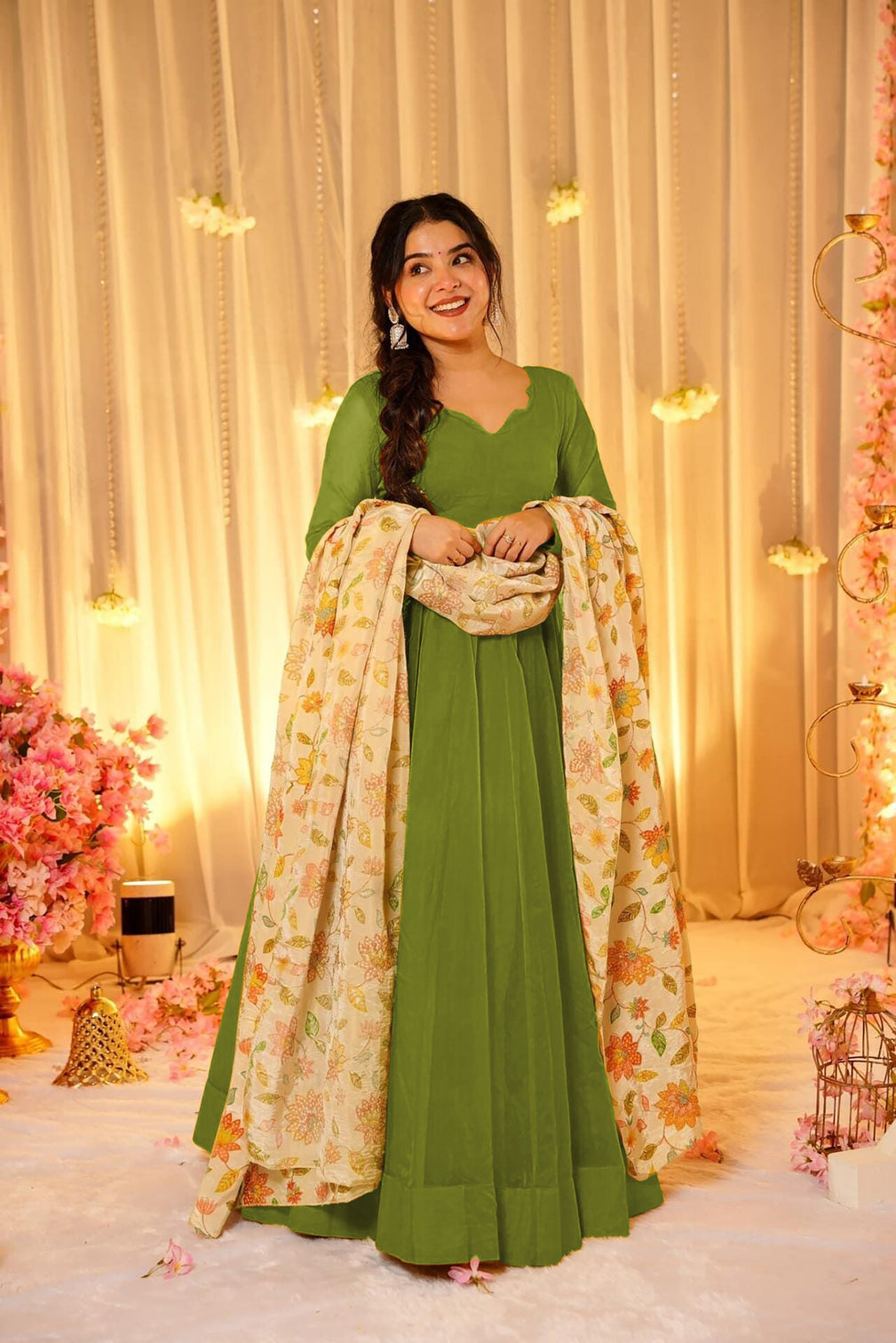 Soft Dyed Silk Floral Print Anarkali Gown with Dupatta