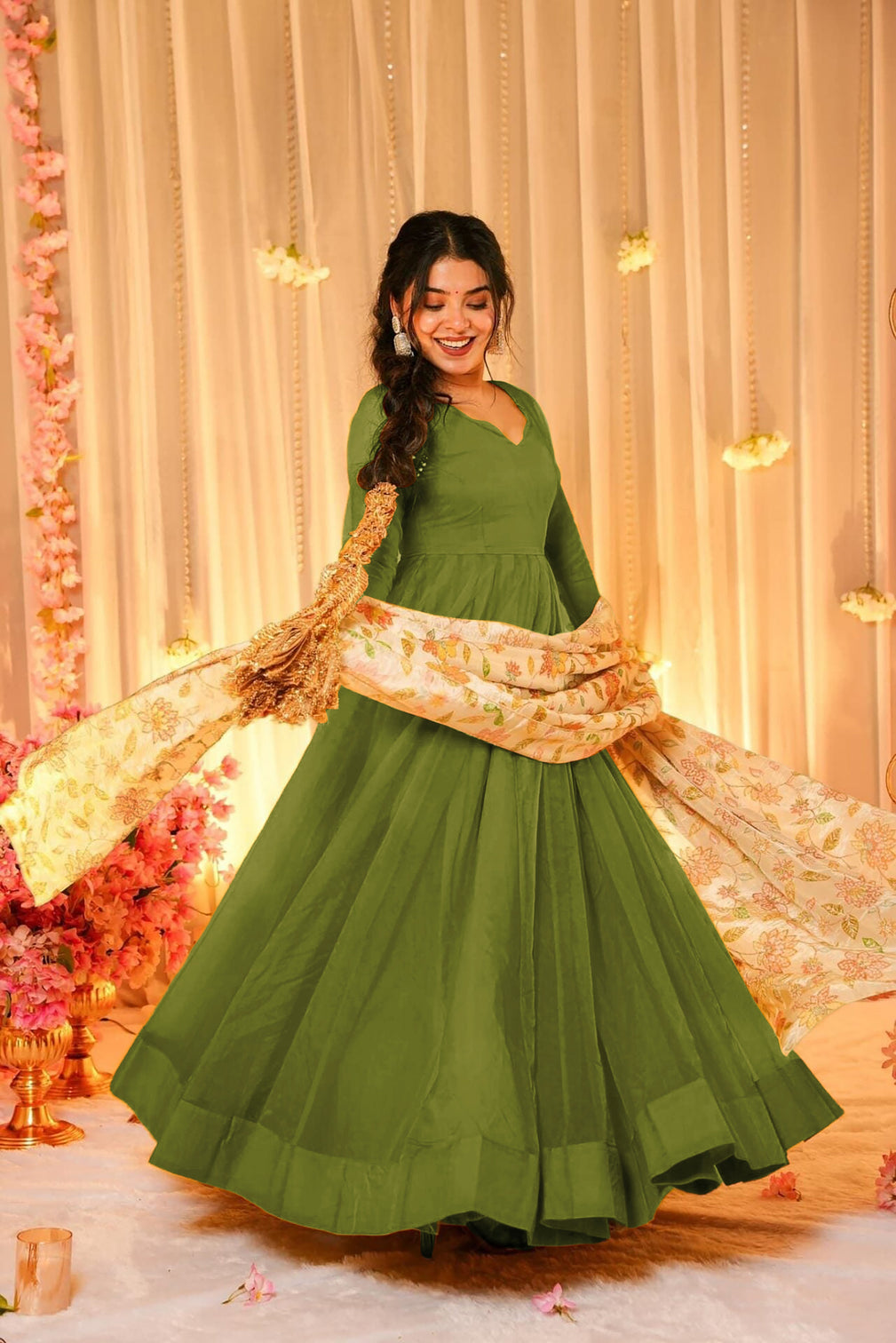 Soft Dyed Silk Floral Print Anarkali Gown with Dupatta