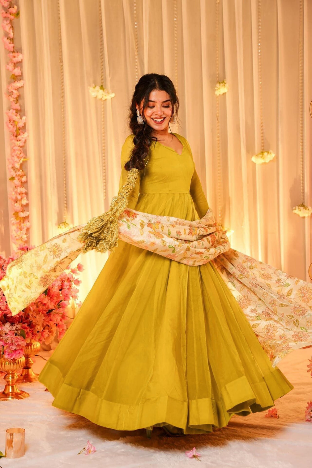 Soft Dyed Silk Floral Print Anarkali Gown with Dupatta