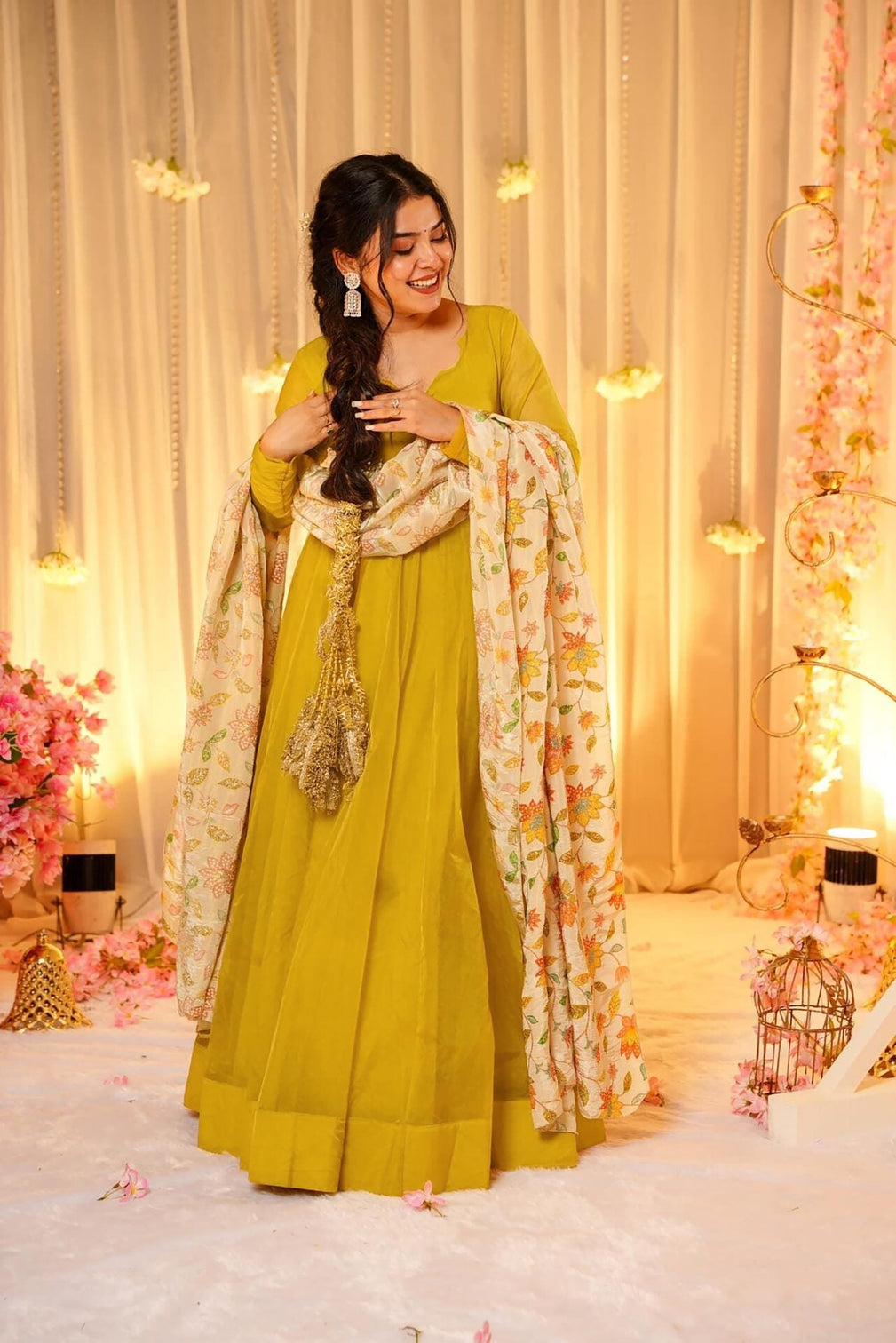 Soft Dyed Silk Floral Print Anarkali Gown with Dupatta
