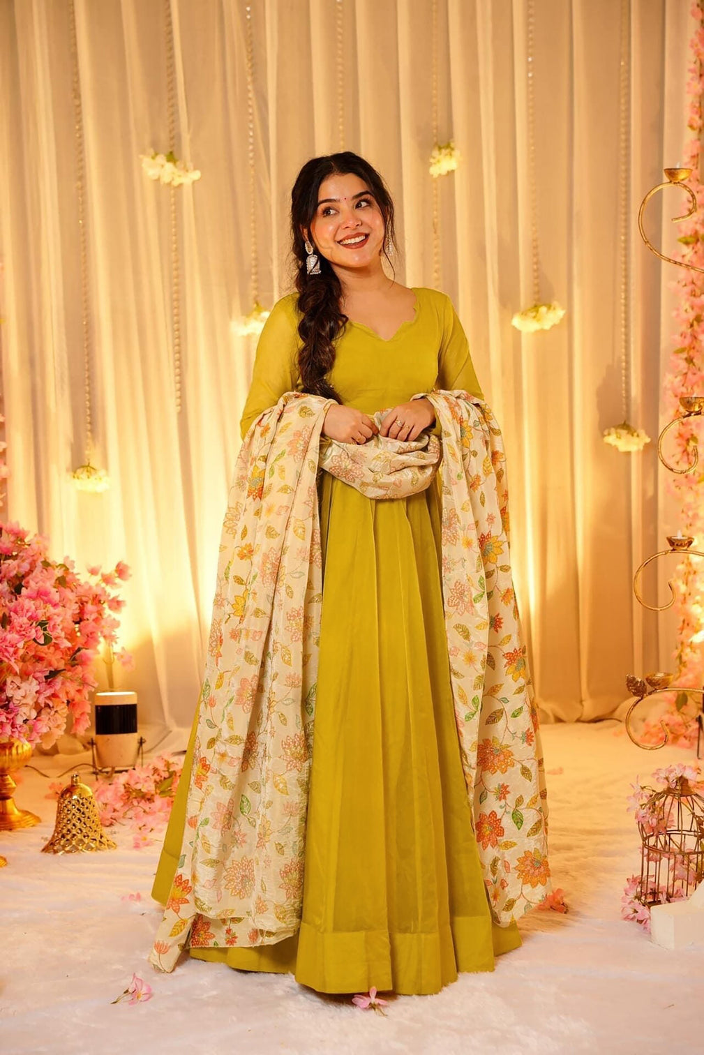 Soft Dyed Silk Floral Print Anarkali Gown with Dupatta