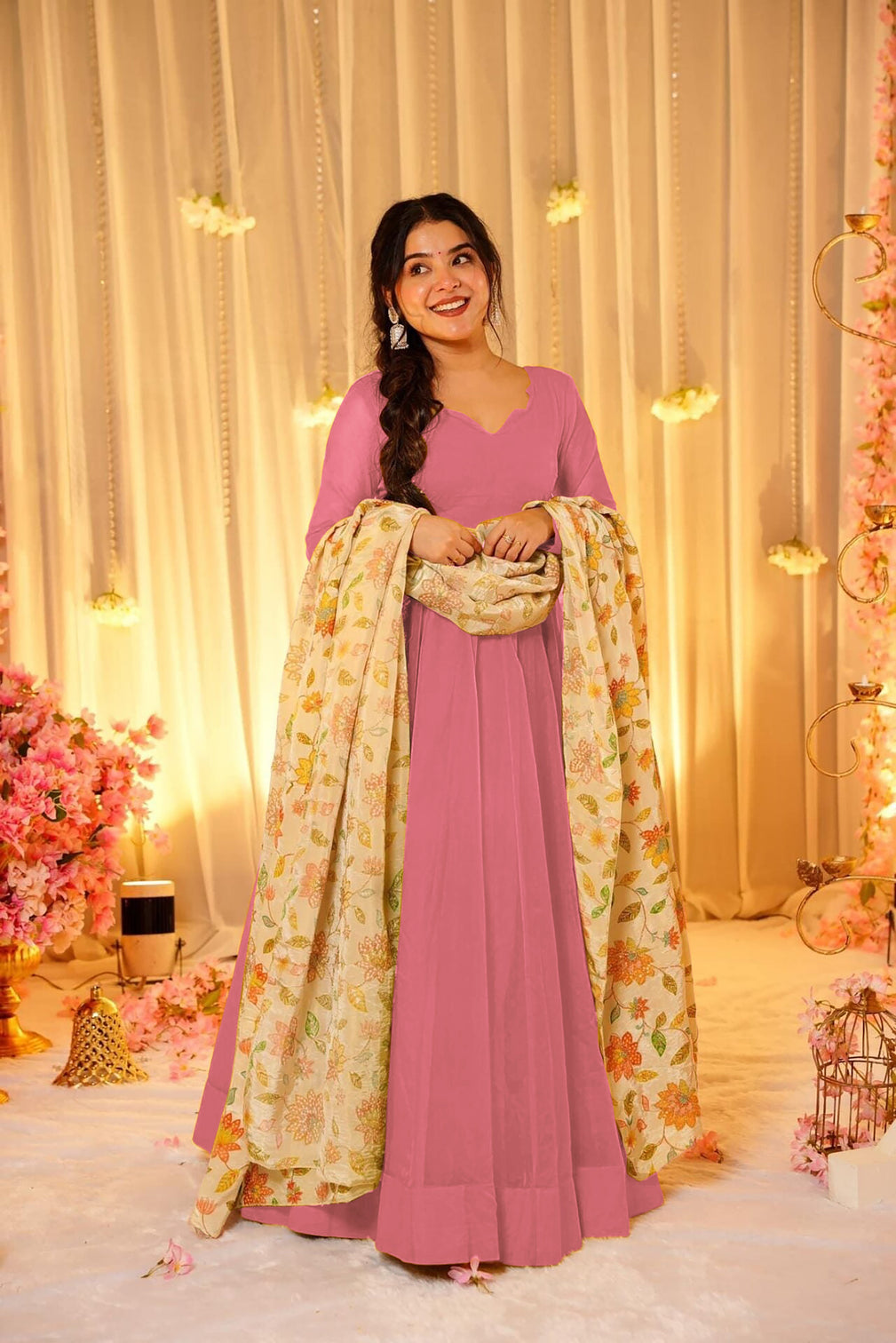 Soft Dyed Silk Floral Print Anarkali Gown with Dupatta
