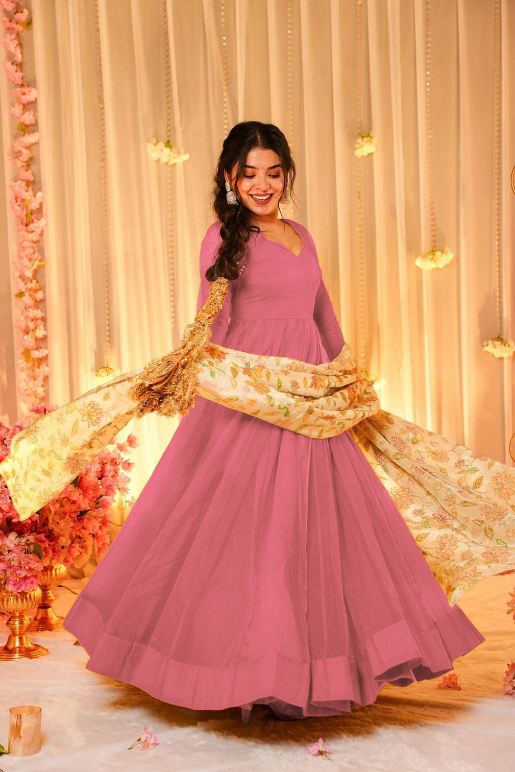 Soft Dyed Silk Floral Print Anarkali Gown with Dupatta