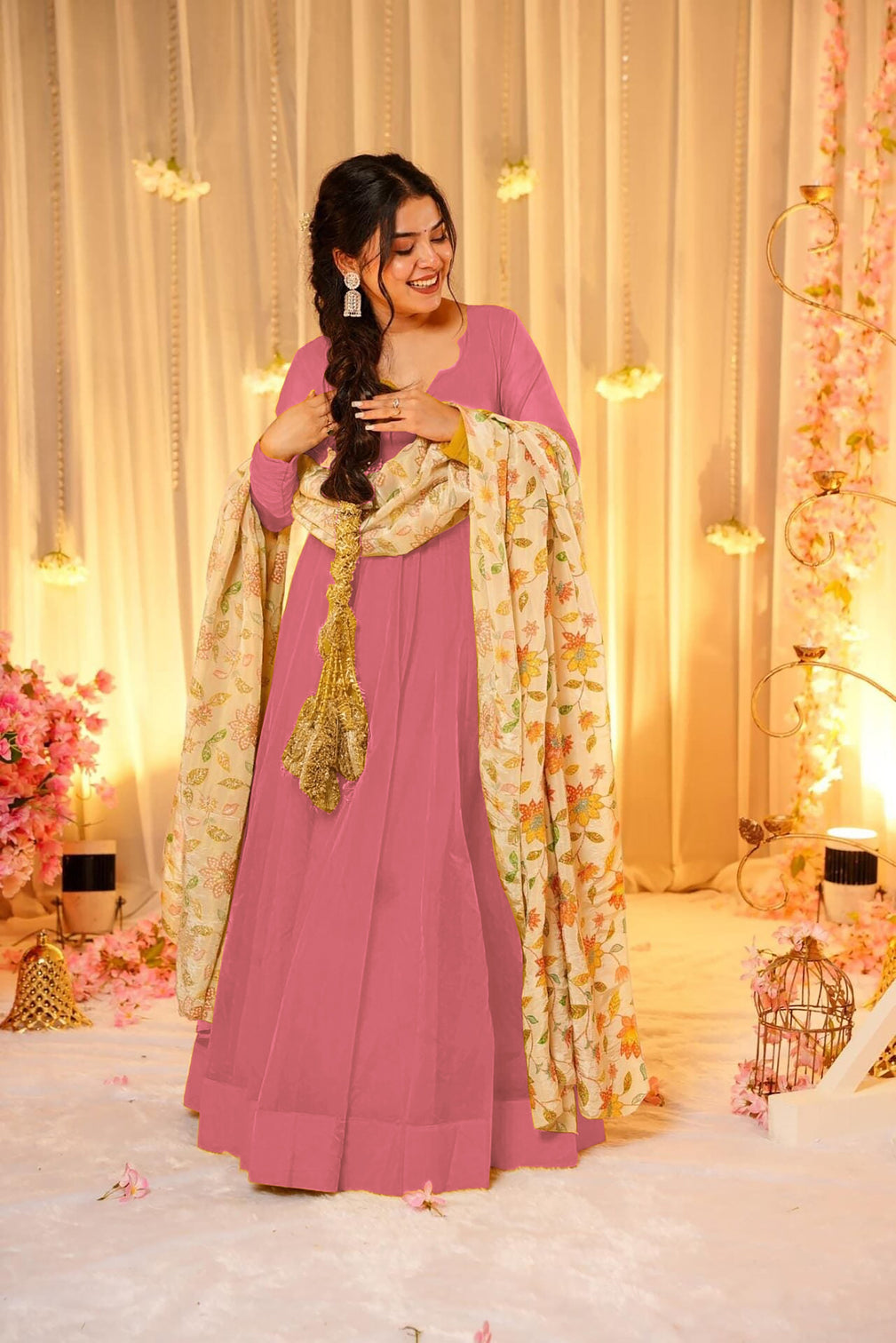 Soft Dyed Silk Floral Print Anarkali Gown with Dupatta