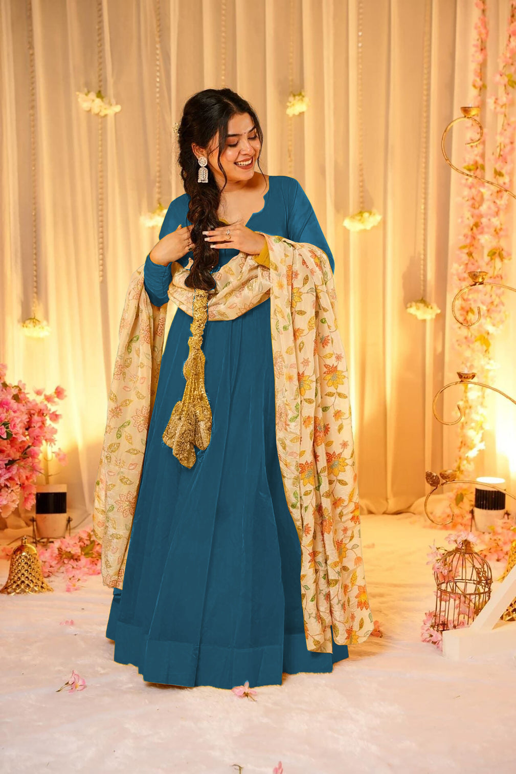 Soft Dyed Silk Floral Print Anarkali Gown with Dupatta