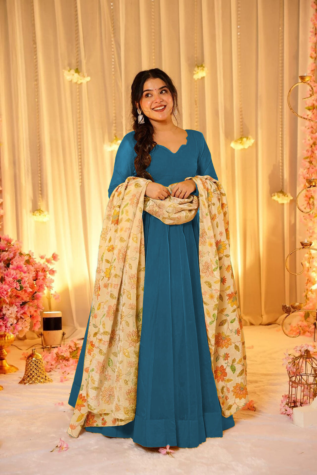 Soft Dyed Silk Floral Print Anarkali Gown with Dupatta