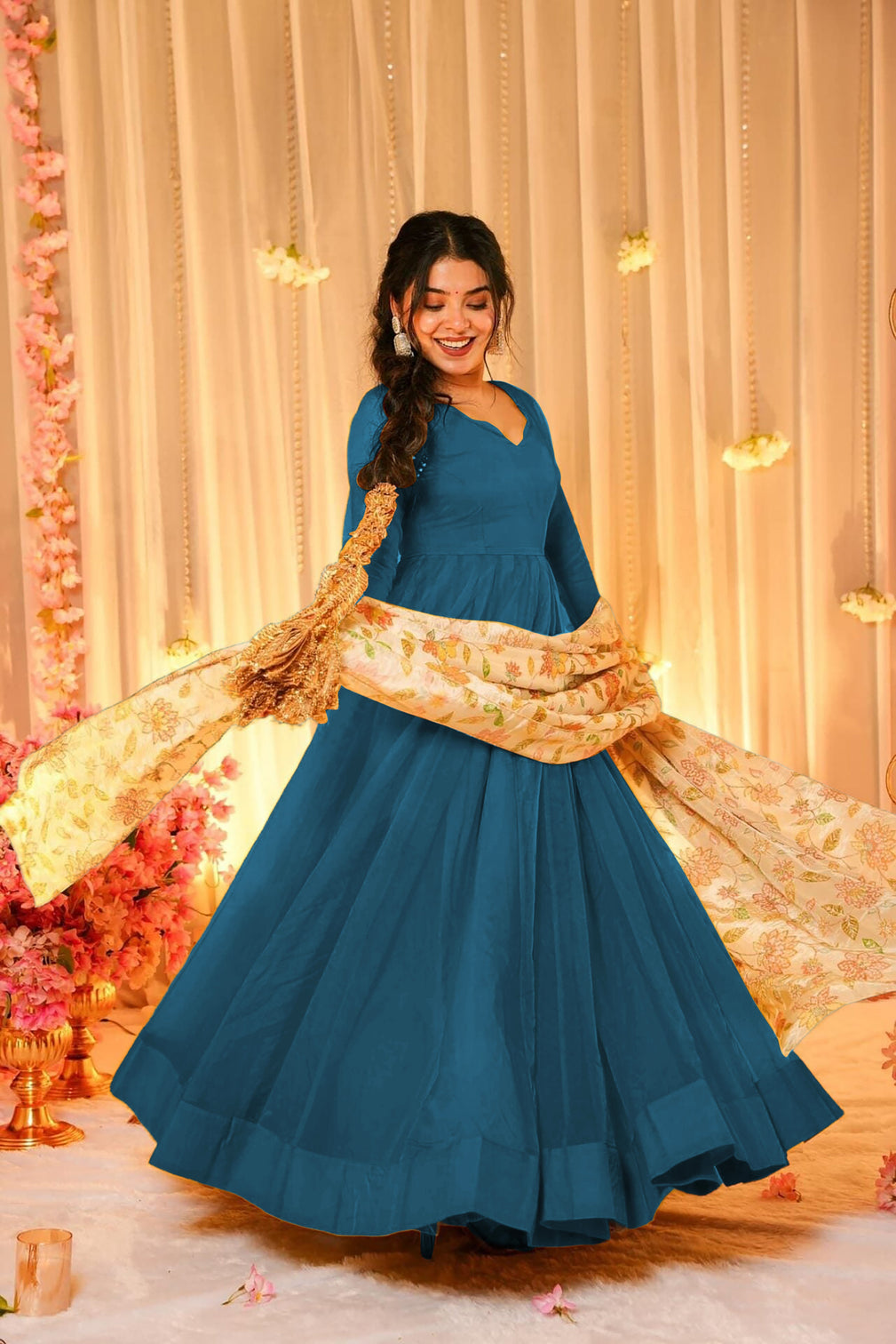 Soft Dyed Silk Floral Print Anarkali Gown with Dupatta