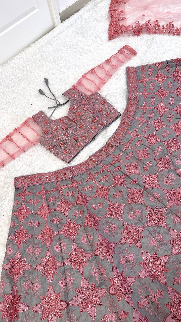 Soft Gray Thai Silk Embroidered Lehenga Choli