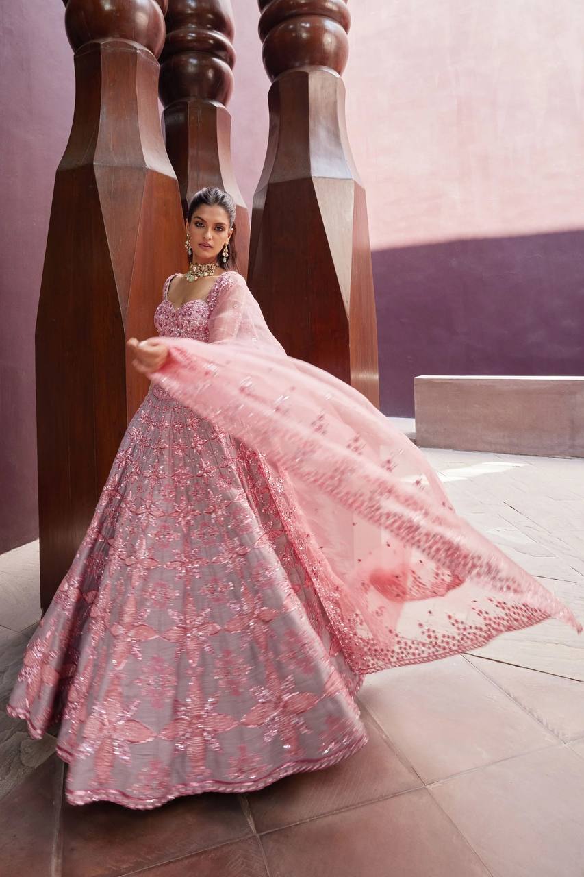 Soft Gray Thai Silk Embroidered Lehenga Choli