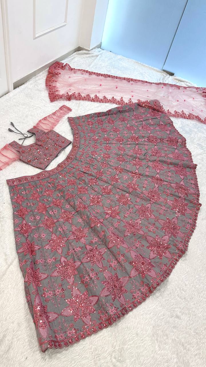 Soft Gray Thai Silk Embroidered Lehenga Choli