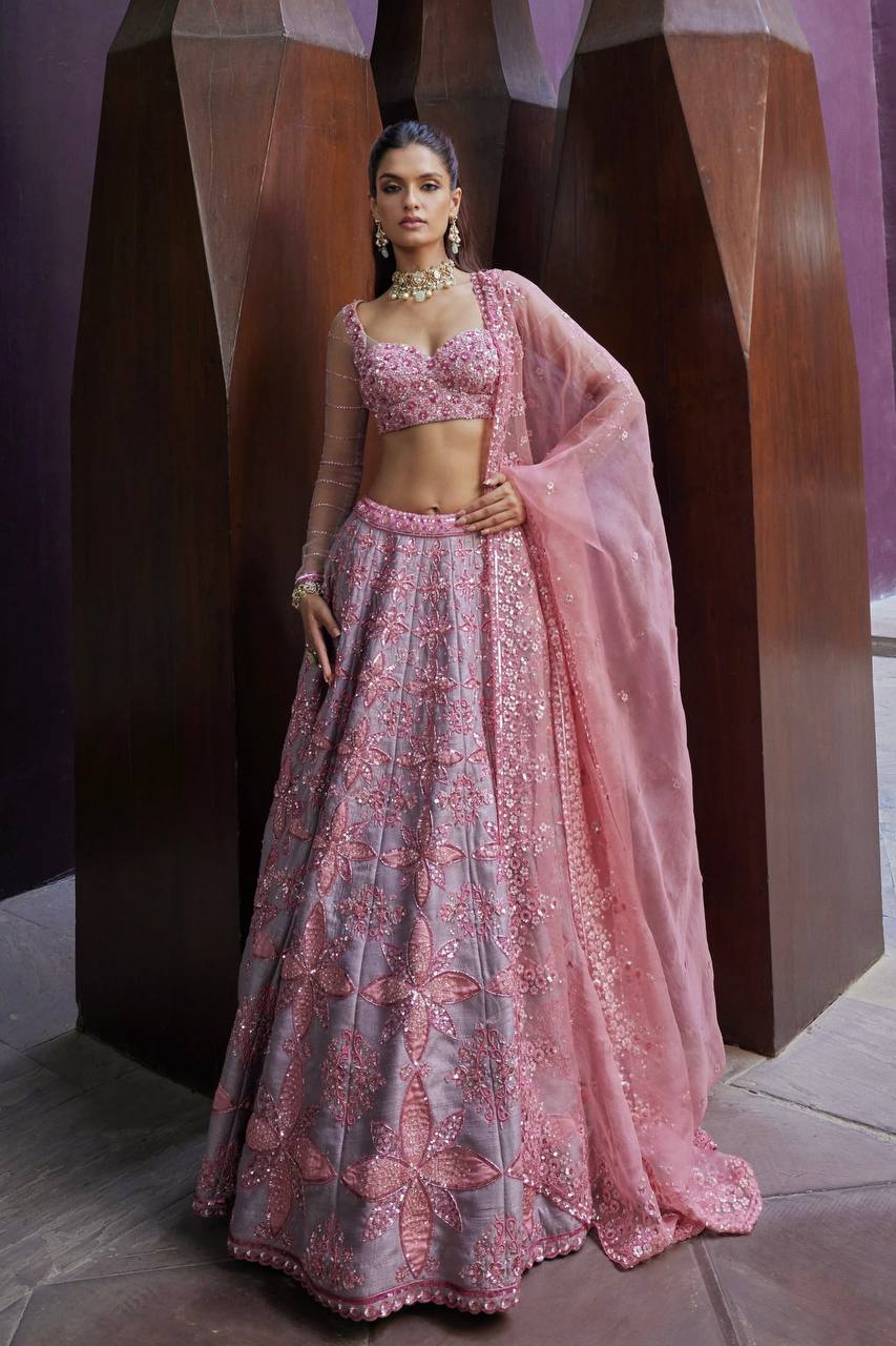 Soft Gray Thai Silk Embroidered Lehenga Choli