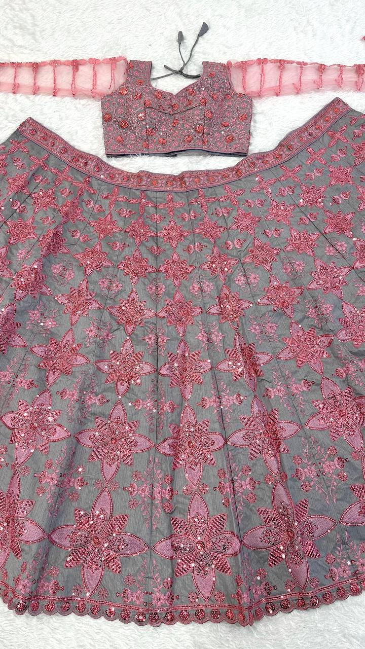Soft Gray Thai Silk Embroidered Lehenga Choli