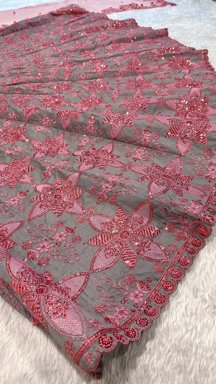 Soft Gray Thai Silk Embroidered Lehenga Choli