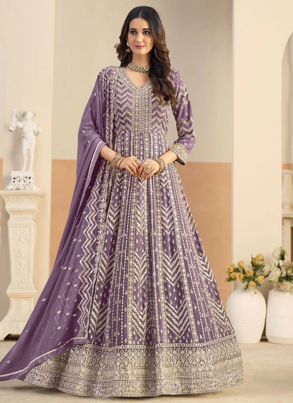 Elegant lavender faux georgette anarkali suit with dual side embroidery
