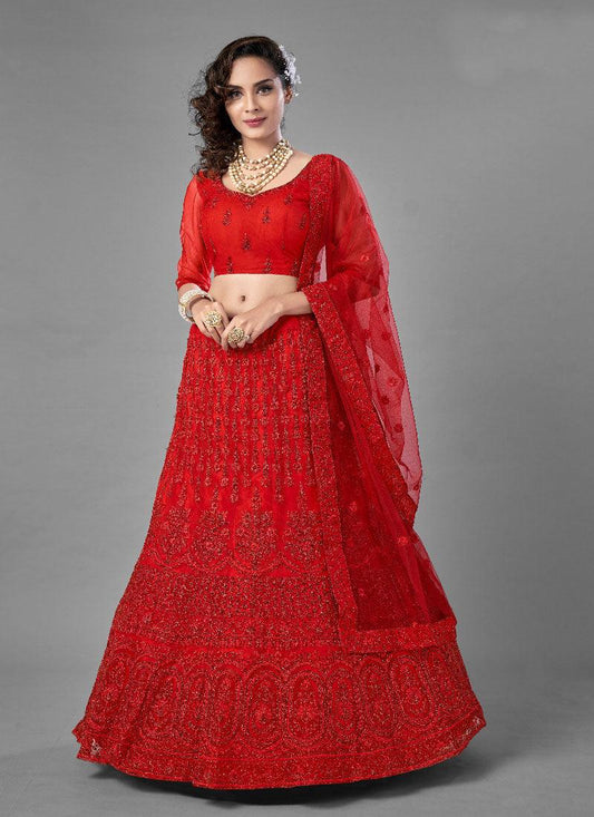 Soft Net Base Designer Flared Glamorous Red Lehenga Choli