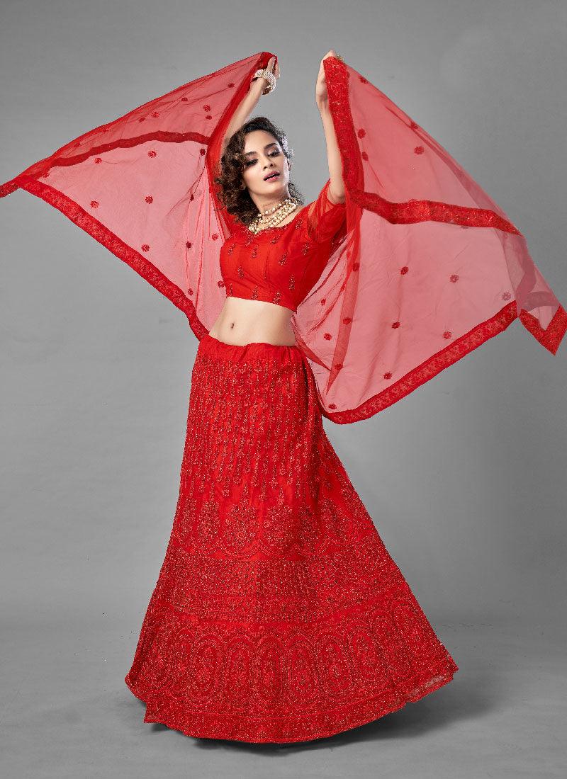 Soft Net Base Designer Flared Glamorous Red Lehenga Choli