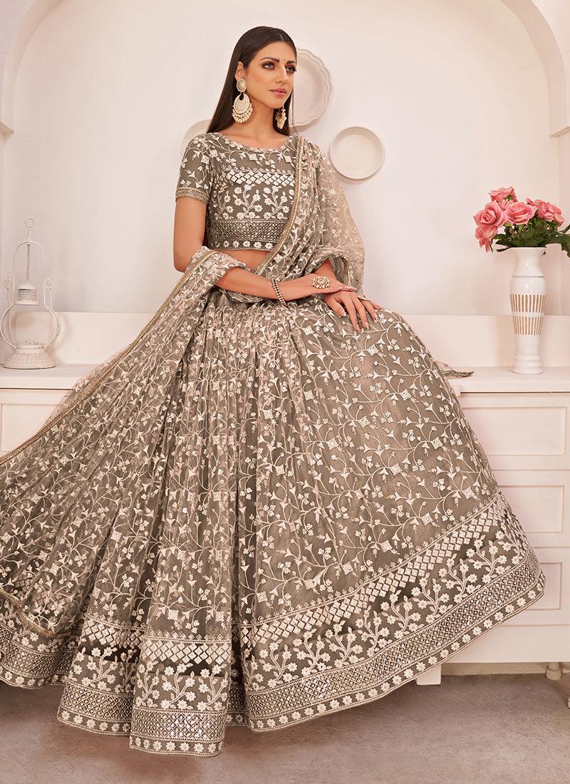 Soft Net Base Embroidered Brown Lehenga Choli