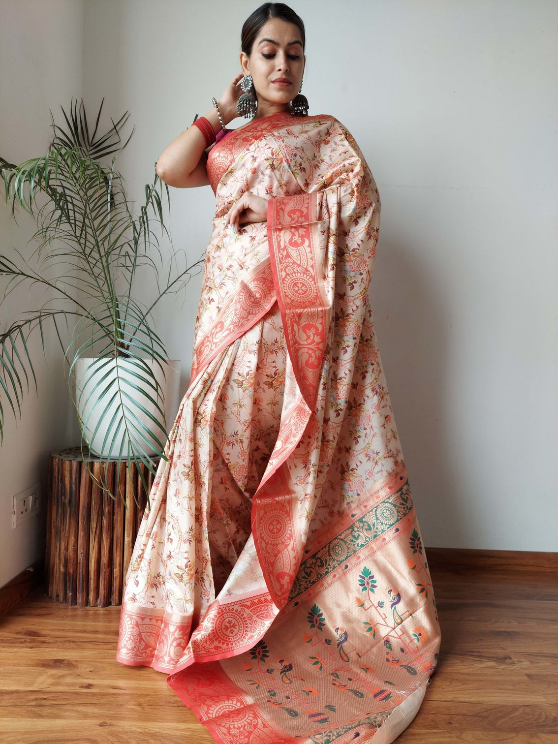 Peach Saree with Floral Print Paithani Silk