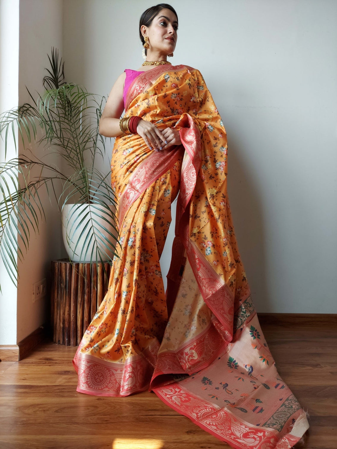 Tiger Orange Saree with Floral Print Paithani Silk
