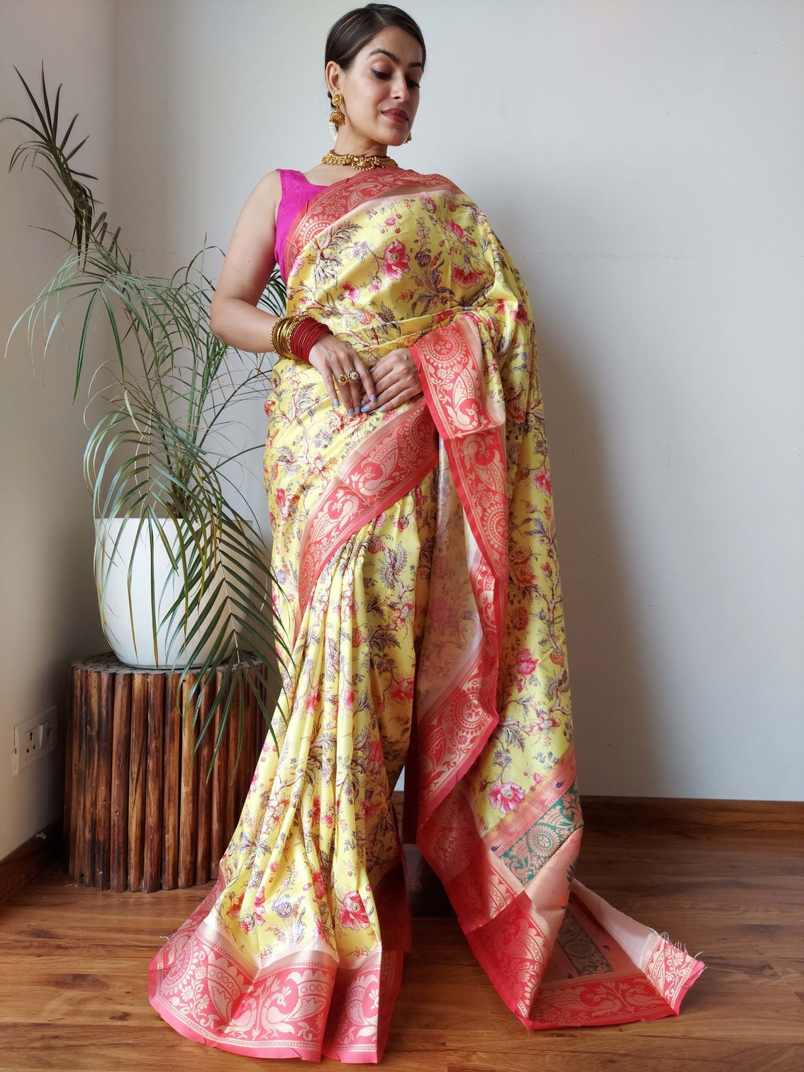 Yellow Saree With Floral Printed Paithani Silk