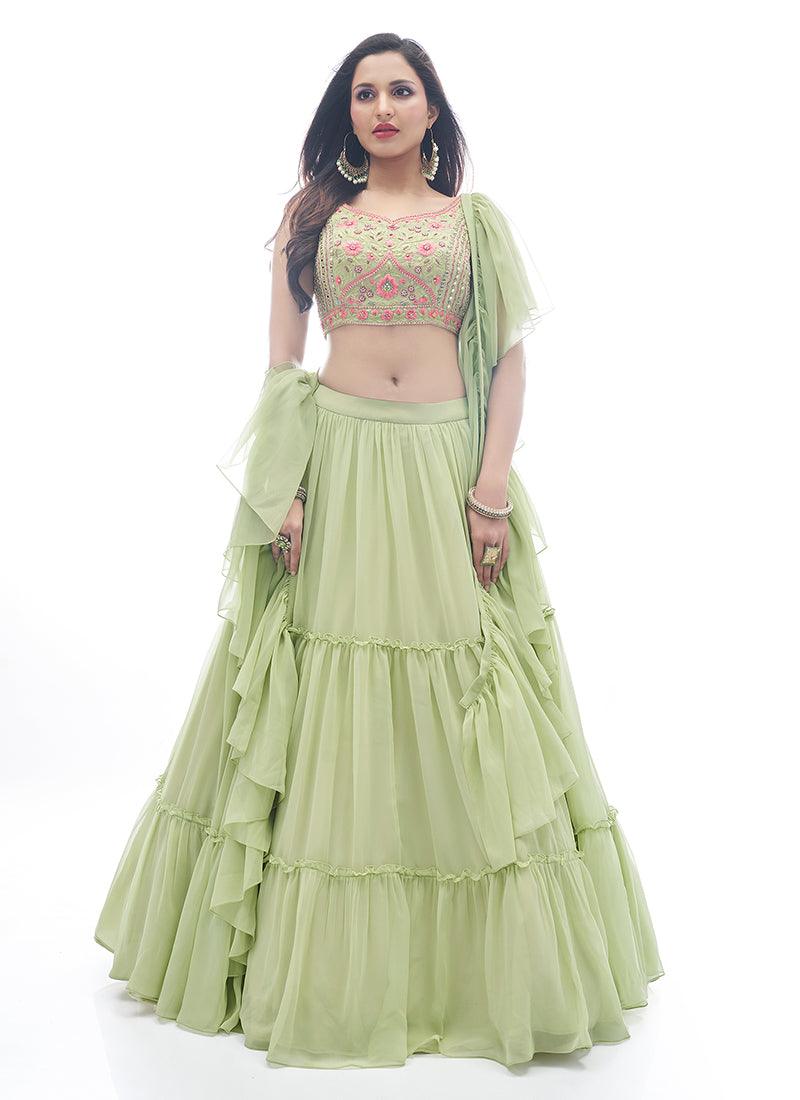 Solid Print Green Georgette Lehenga