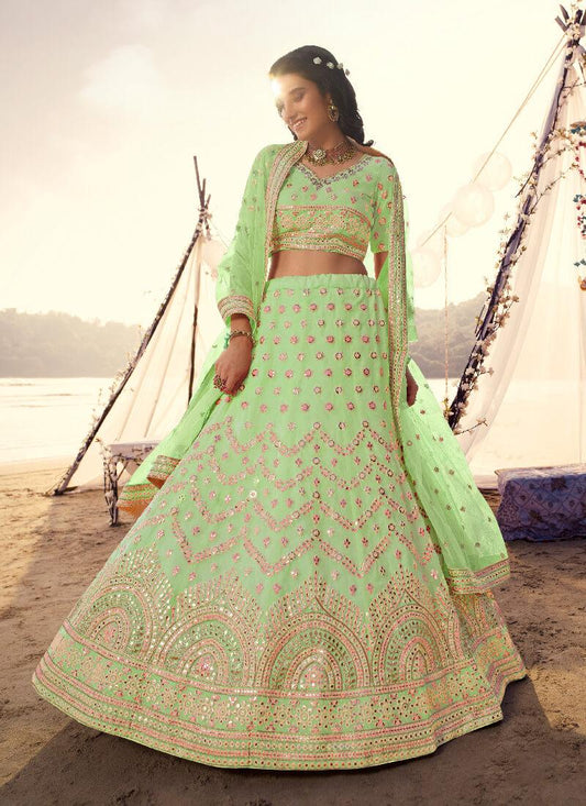 Soulful Green Foil Mirror Work Organza Lehenga Choli Set