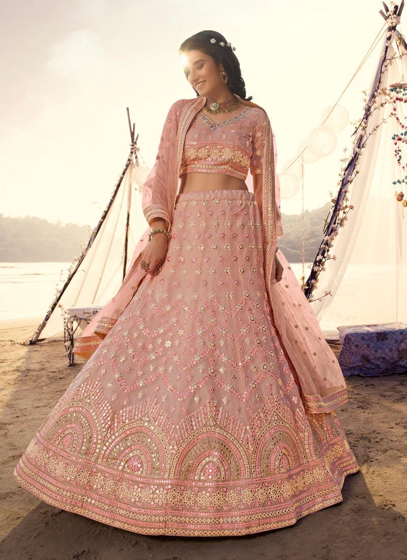 Soulful Peach Foil Mirror Work Organza Lehenga Choli Set