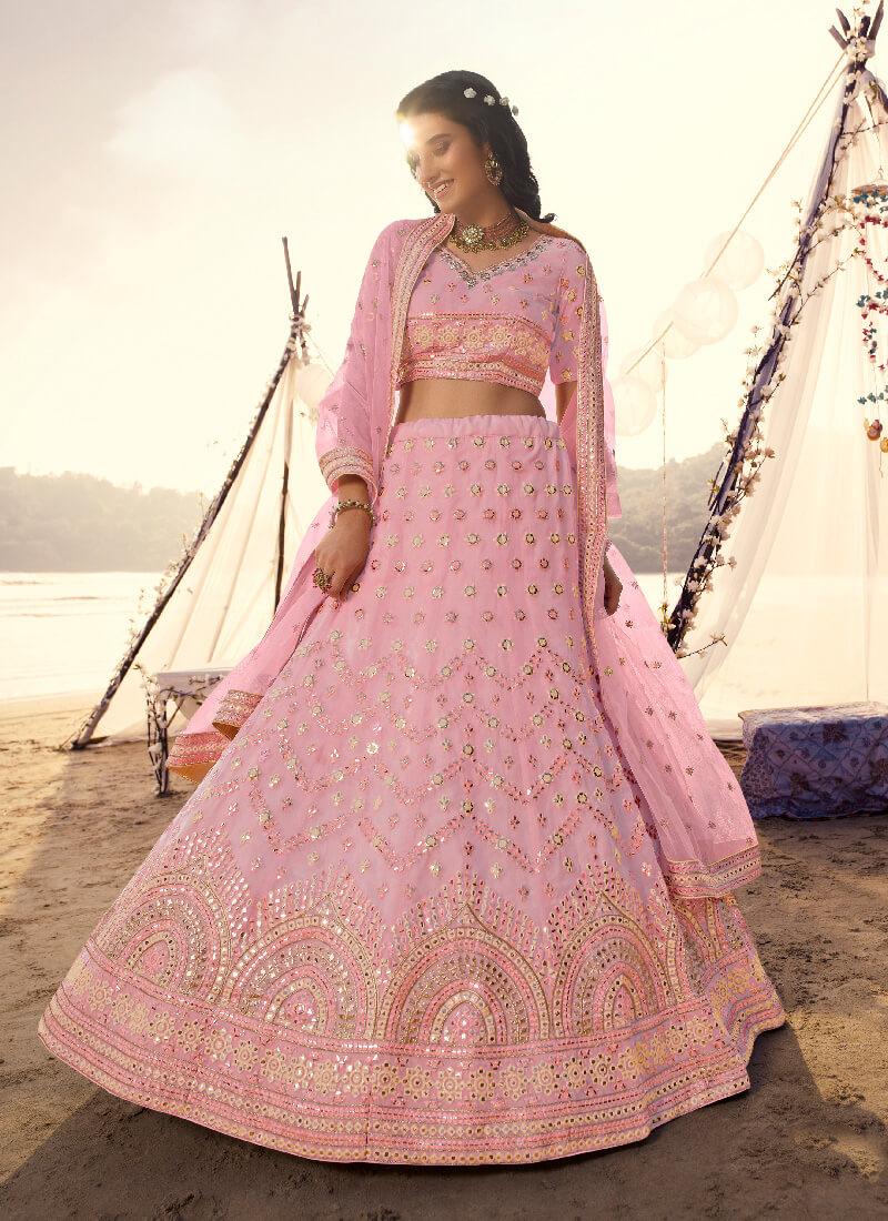 Soulful Pink Foil Mirror Work Organza Lehenga Choli Set