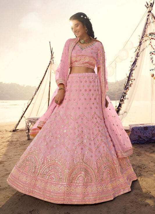 Soulful Pink Foil Mirror Work Organza Lehenga Choli Set