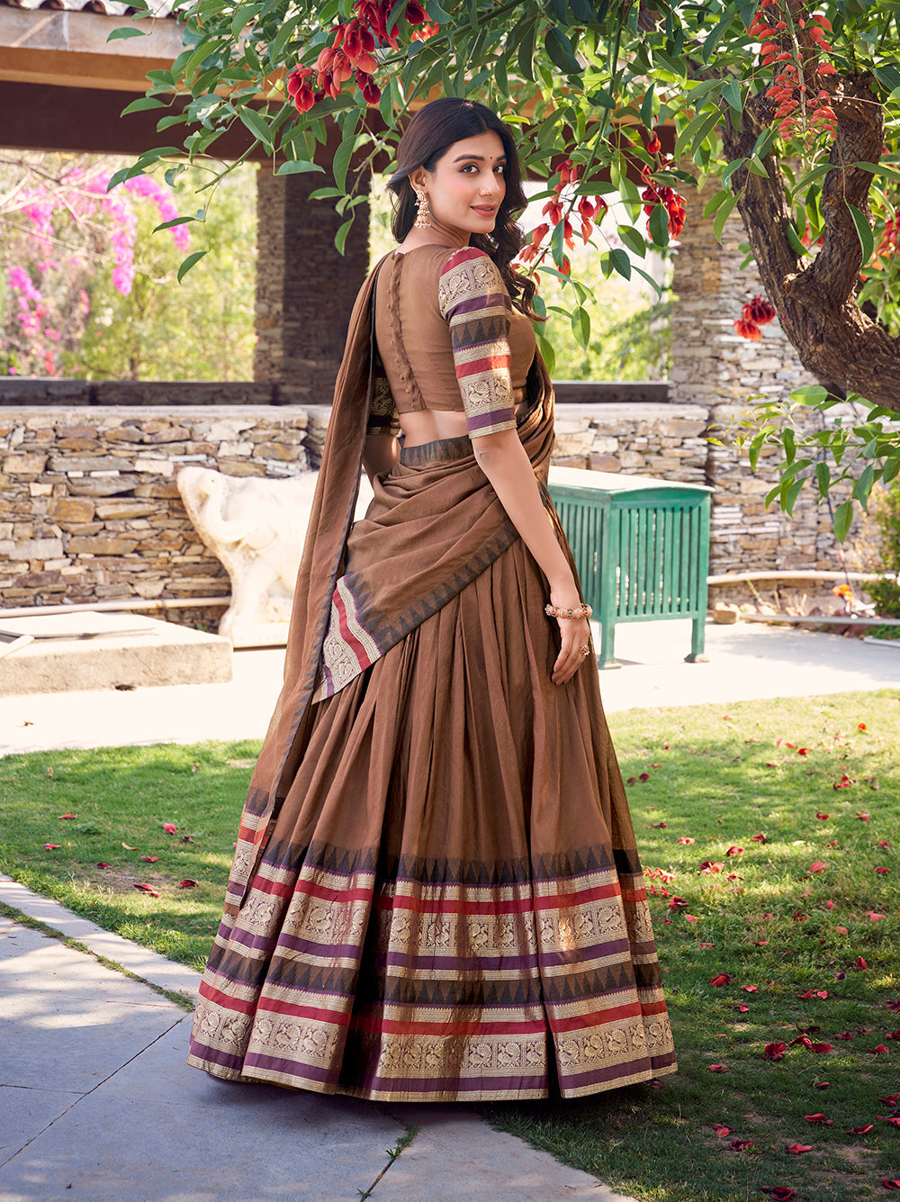 Classic brown chanderi lehenga choli with zari border coordinated dupatta