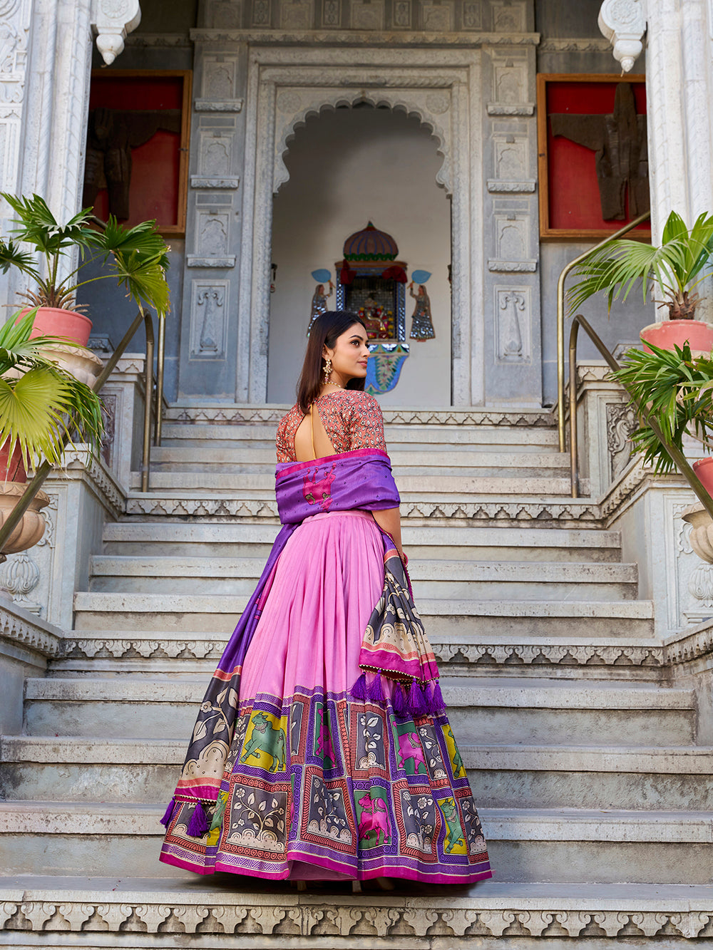 Peach tasar silk lehenga choli with kalamkari print foil work