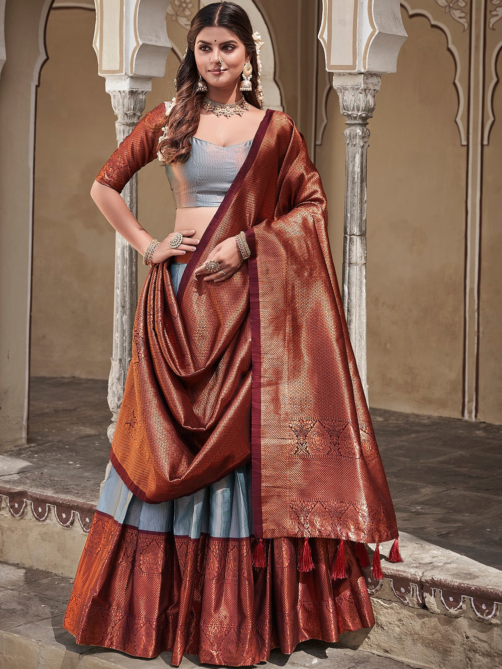 Sky Blue Color Zari Weaving Work Jacquard Silk Pattu Lehenga Choli