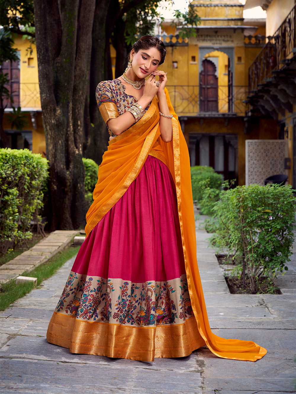 Pink astha silk printed zari weaving work lehenga choli with georgette dupatta
