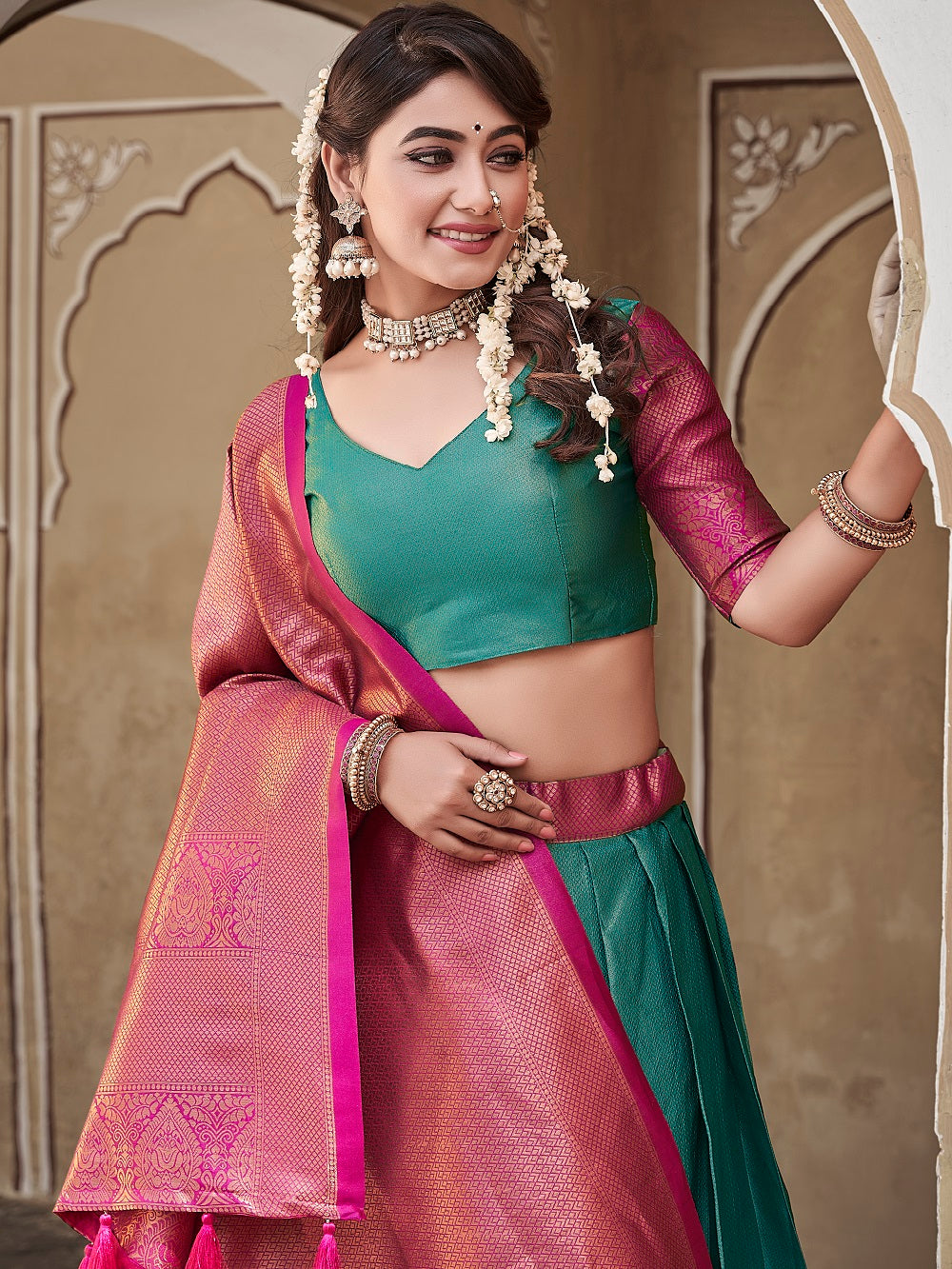Teal Color Zari Weaving Work Jacquard Silk hyderabadi Lehenga Choli