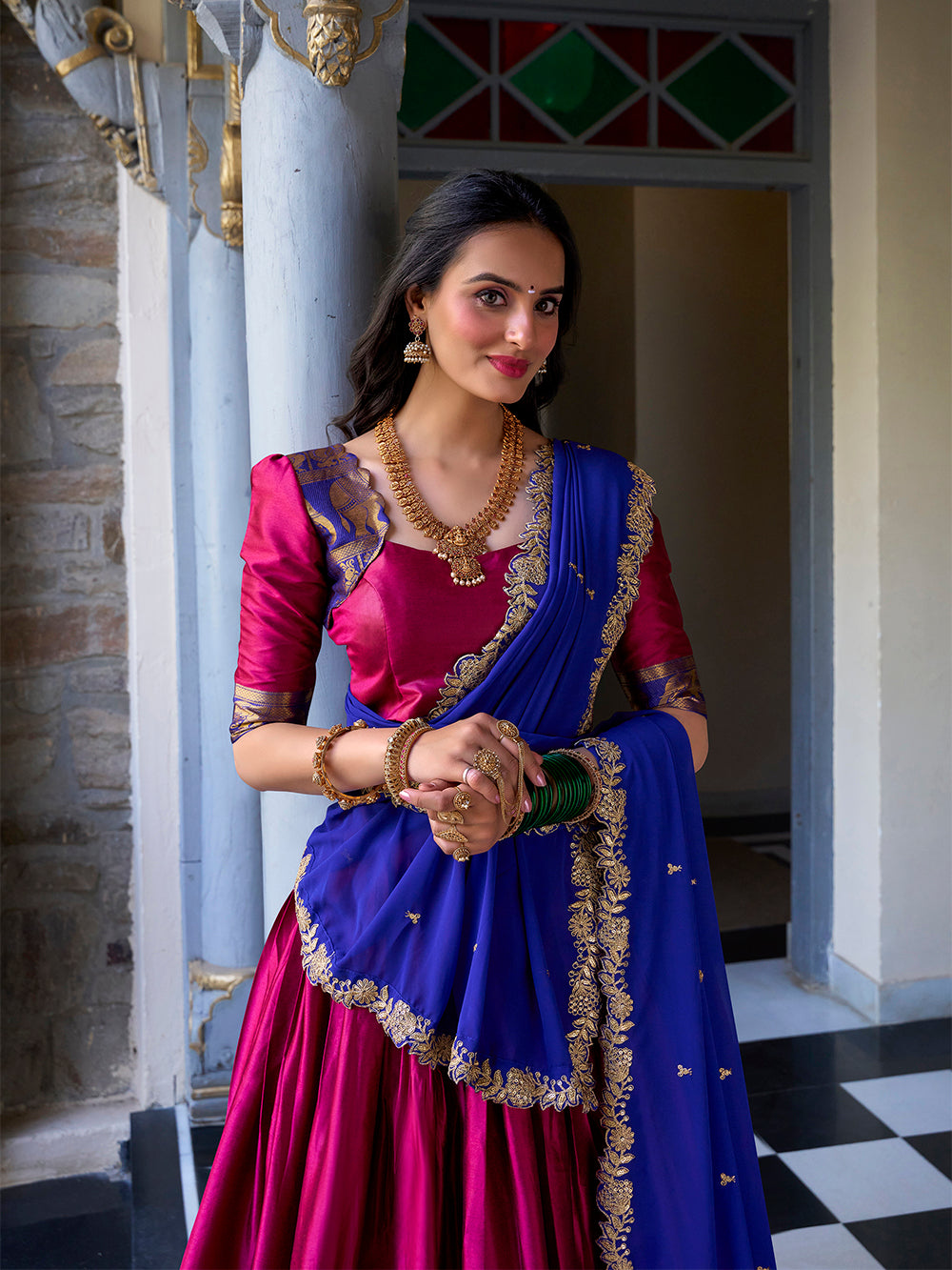 Pink narayan pattu lehenga choli with zari weaving embroidered georgette dupatta