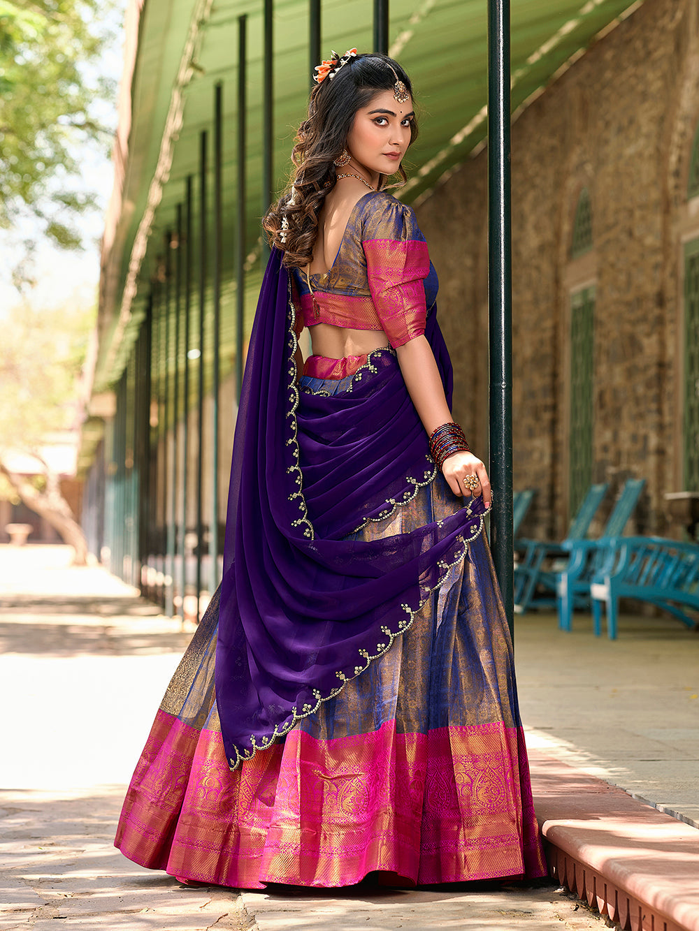 Blue color zari weaving work kanjivaram south indian lehenga choli