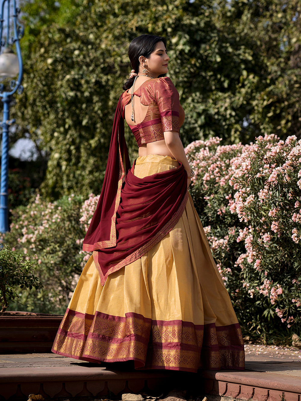 Cream color zari weaving work kanchipuram lehenga choli