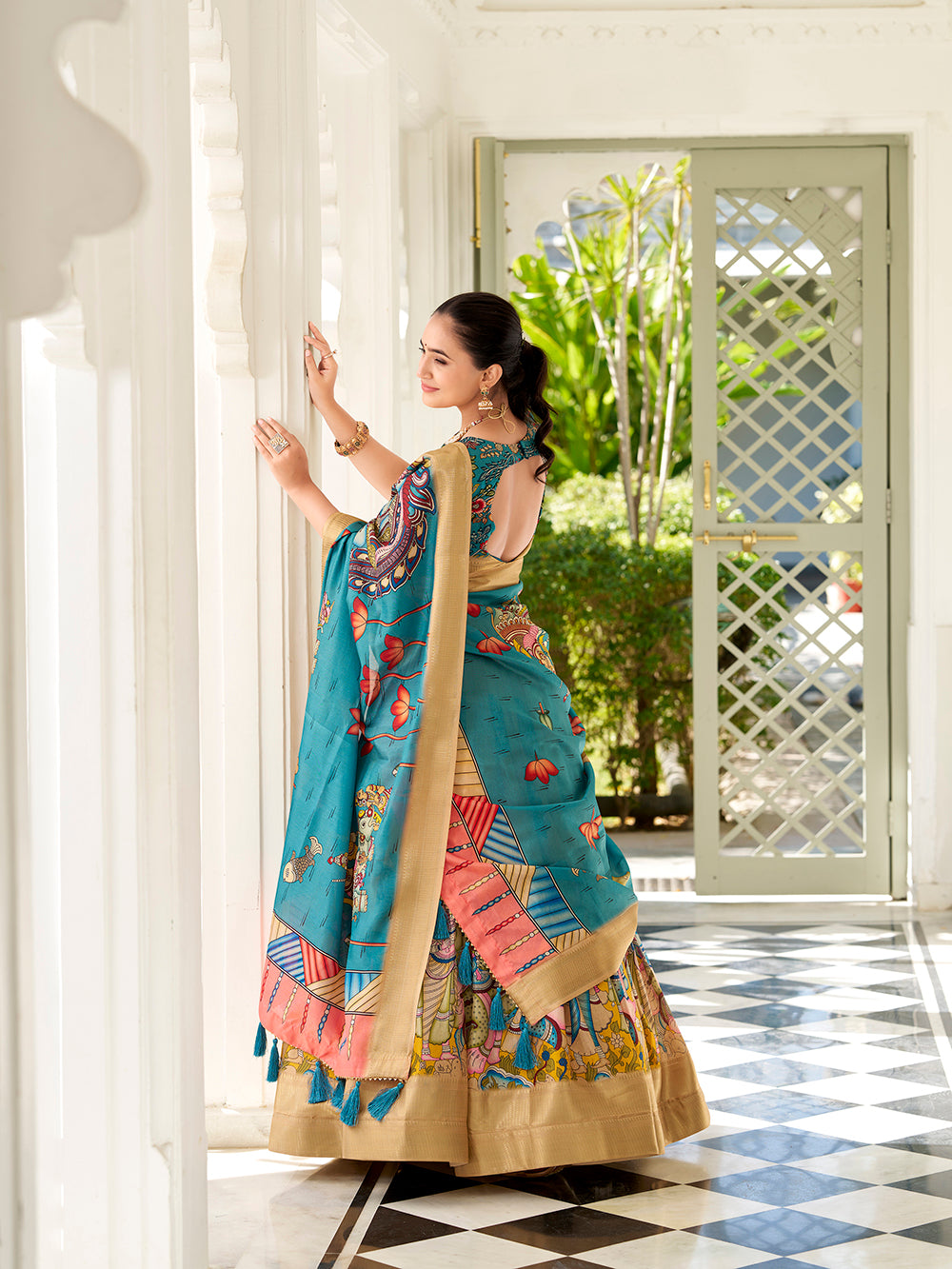 Yellow color kalamkari print with weaving border dola silk lehenga choli