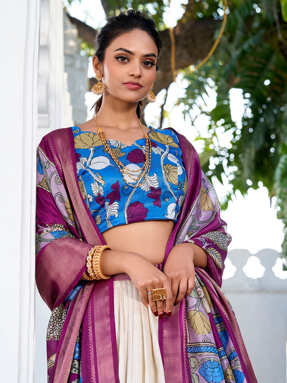 Off white color printed kalamkari with zari weaving border jacquard silk lehenga choli