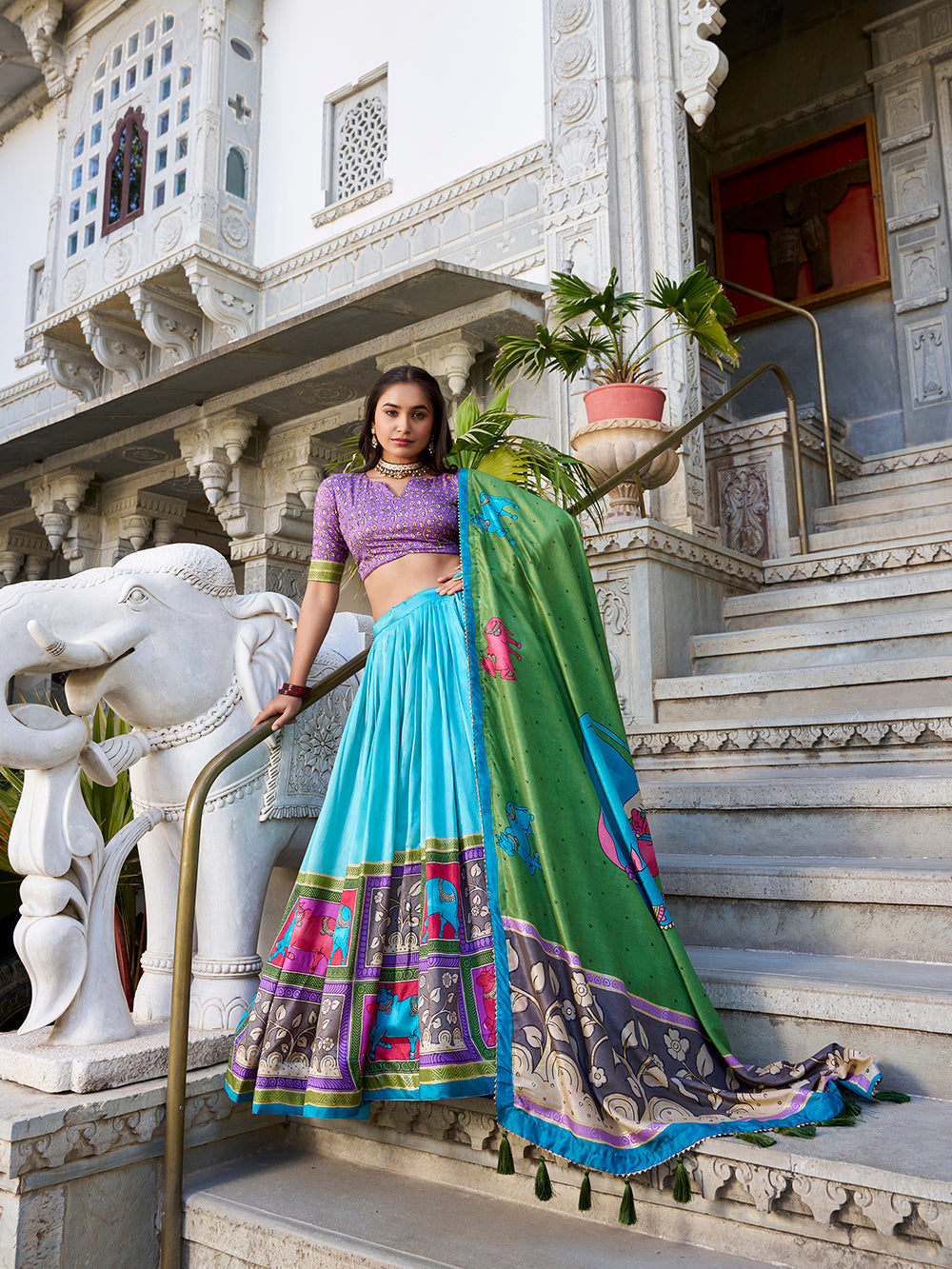 Sea green tasar silk lehenga choli with kalamkari print foil work
