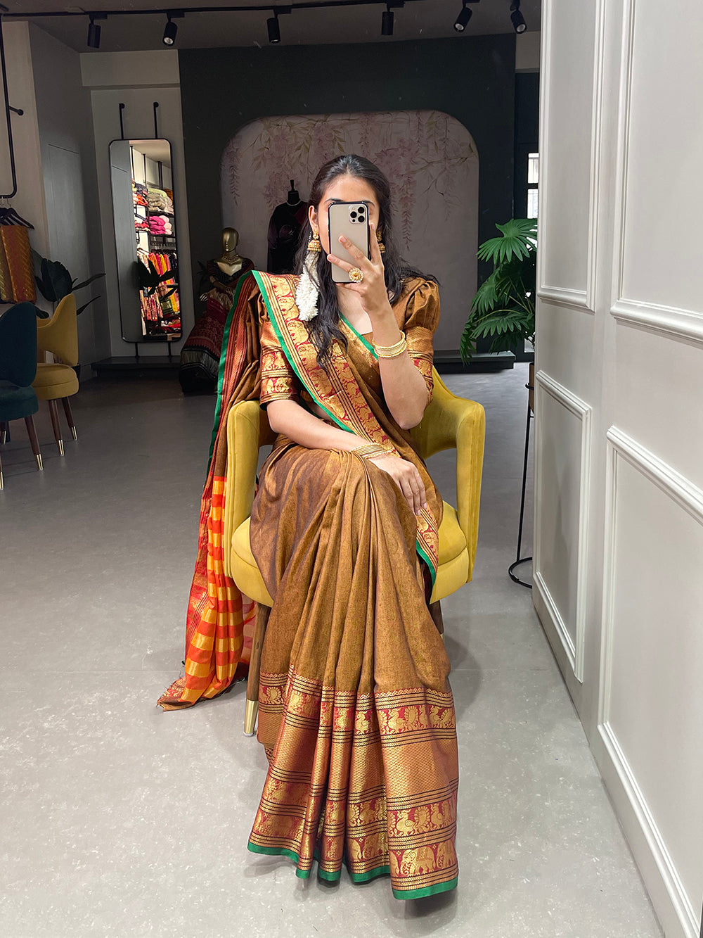 Mustard Color Zari Weaving Work Narayan Pet Saree