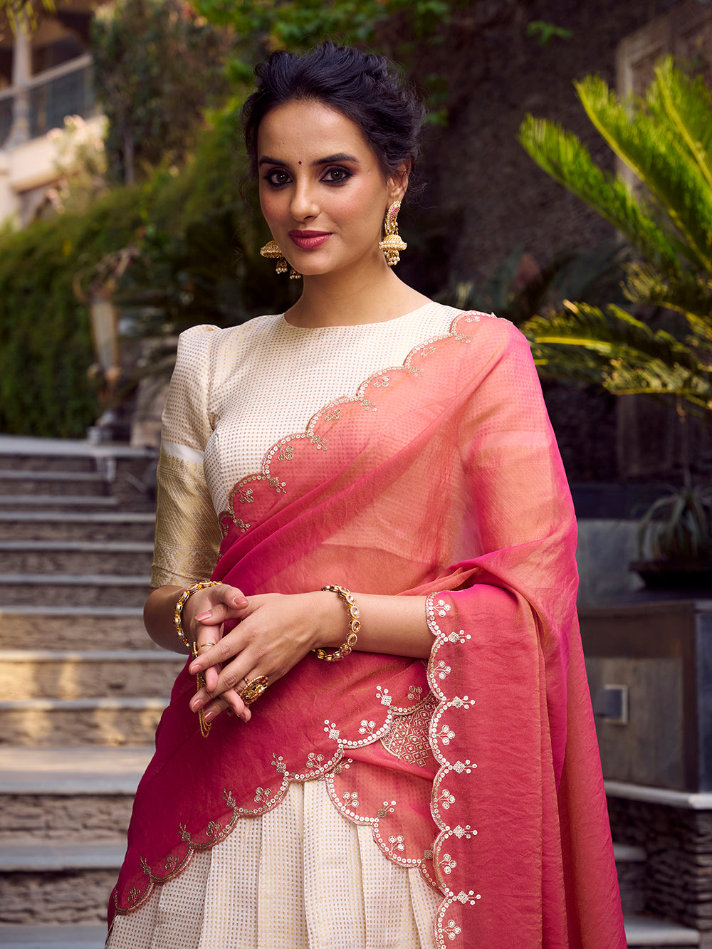 Off white jacquard silk south indian lehenga choli with golden zari weave embroidered dupatta