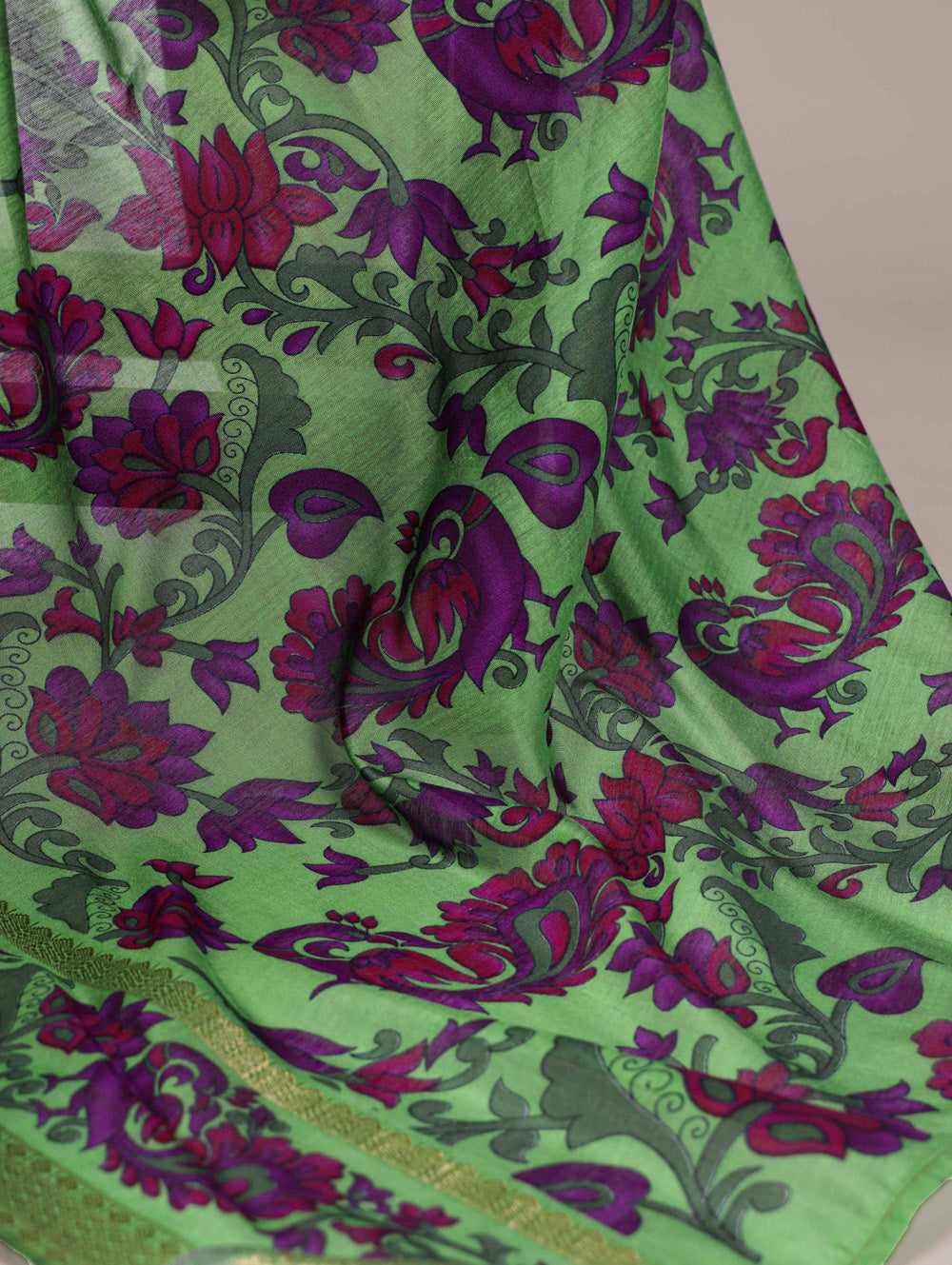 Parrot green printed polyester viscose chanderi saree with zari weaving border